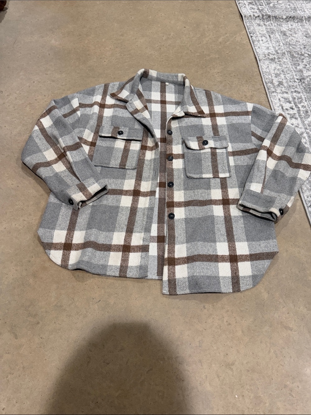 Plaid Button-Up Shacket in Gray, White & Brown